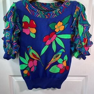 Vtg 80s DIANE FREIS royal blue ruffle sleeve sweater knit top S tropical birds